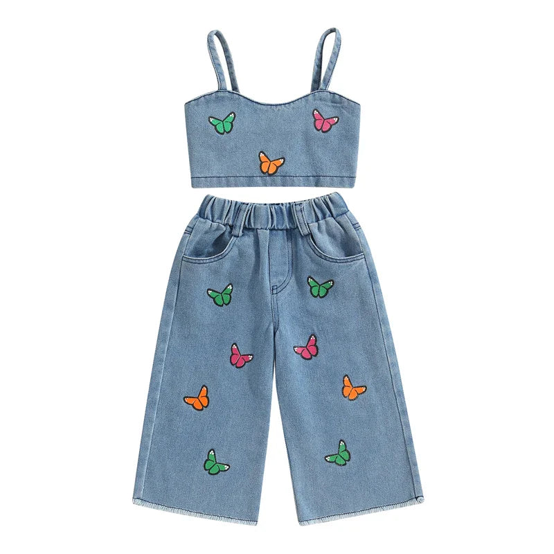 Mini Fashion™ - Smukt broderi - Denim sommersæt