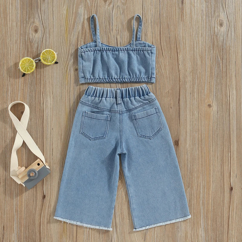 Mini Fashion™ - Smukt broderi - Denim sommersæt