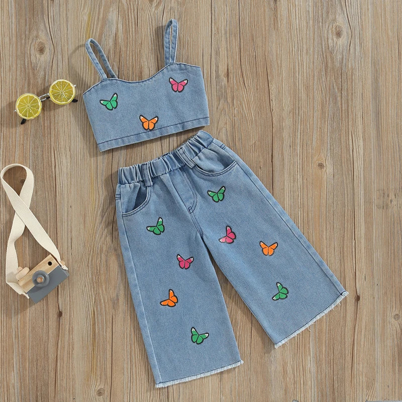 Mini Fashion™ - Smukt broderi - Denim sommersæt